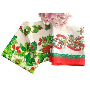 3 Tea Towels Christmas Themed Cotton Red White Green